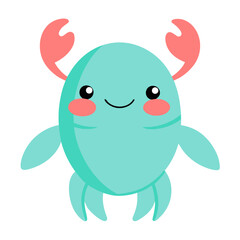 Cute Teal Crab Character with Pink Cheeks and Claws on White Background Adorable Creature