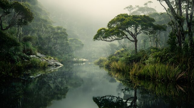Stunning Artistic Vision of Thriving Native Podocarp Forest and Mysterious Reflective Lake with Blossoming Flora and a Misty Atmosphere