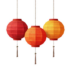 Obraz premium Three hanging paper lanterns, red, orange, and yellow, in a vertical arrangement