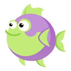 Cute cartoon fish vector illustration with pastel green and purple colors isolated on white background