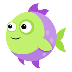 Cute smiling cartoon fish in vibrant green and purple hues against a white background illustration