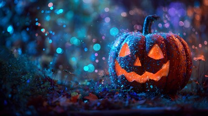 Intricate illustration of a mysterious Halloween pumpkin with vivid glowing features and understated blue luminescence amidst elegant bokeh effects and moody autumn ambiance