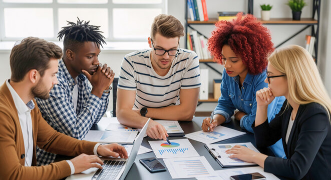 Team Collaboration Meeting: A dynamic group of diverse individuals converges around a table, their collective energy focused on analyzing data and sharing insights in a collaborative business setting.