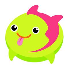 Cute green monster with pink details and a sticking out tongue on white background friendly looking creature