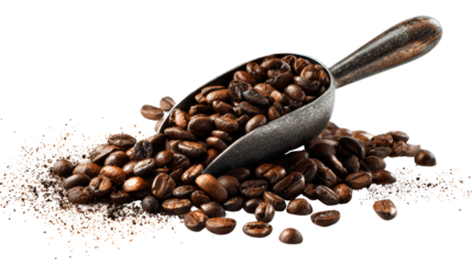 Coffee beans and scoop isolated on white background.