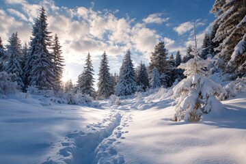 Snowy forest path on a bright winter day