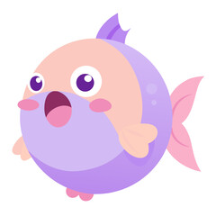 Cartoon illustration of a surprised fish with pastel colors and a round body on white background