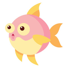 Cartoon pink and yellow goldfish with surprised expression isolated on white background in flat design