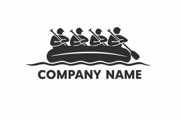 Four silhouetted paddlers row a raft across rippling water showing company name