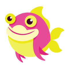 Cartoon fish in bright colors with big eyes smiling against a white background illustration