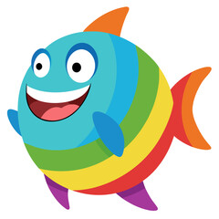 Cartoon Rainbow Fish Smiling Brightly with Colorful Fins and Stripes Swimming Happily In the Ocean