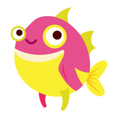 Whimsical cartoon fish illustration with bright pink and yellow colors on a white background