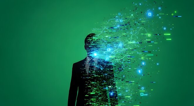 A silhouette of a man with digital transformation elements emerging from his head in a green gradient background with a futuristic and technological mood.