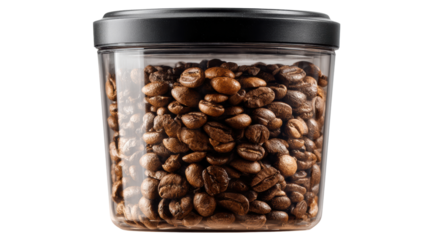 Coffee beans stored in a clear jar with a black lid, isolated on a white background.
