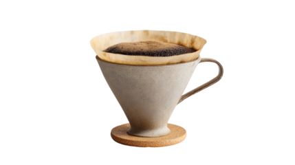 Coffee dripper with rich coffee grounds, isolated on white background.