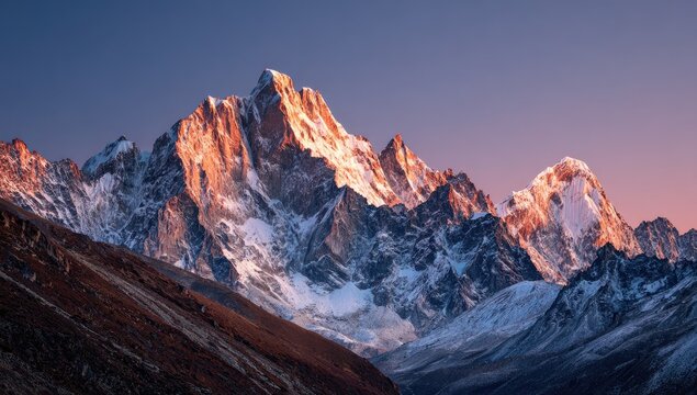 Majestic mountain peak at sunrise.  A breathtaking panorama of a snow-capped mountain range at dawn.