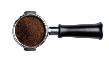 Coffee grounds in a portafilter on a white isolated background.