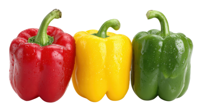 Colorful bell peppers in red, yellow, and green against a white background.