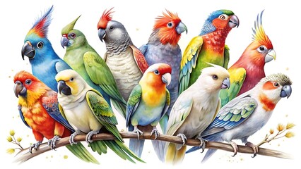 A diverse collection of colorful parrots sitting together on a branch, isolated on white background