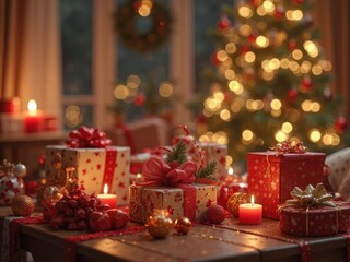 Festive Christmas scene with beautifully wrapped gifts, candles, and a decorated tree in a cozy setting