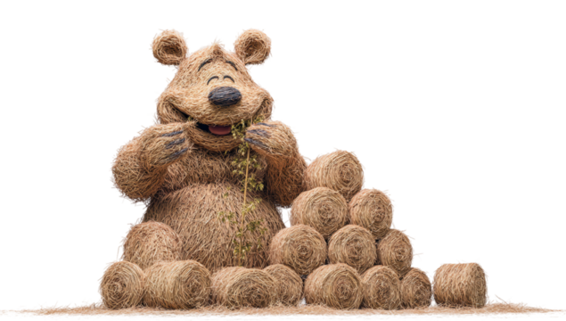 Cute teddy bear made of hay isolated on transparent background, sitting next to a pile of hay bales, creating a rustic and charming scene