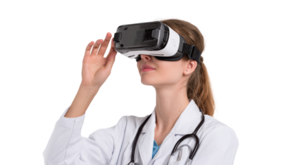 Female doctor wearing virtual reality headset, exploring medical technology, isolated on white background.