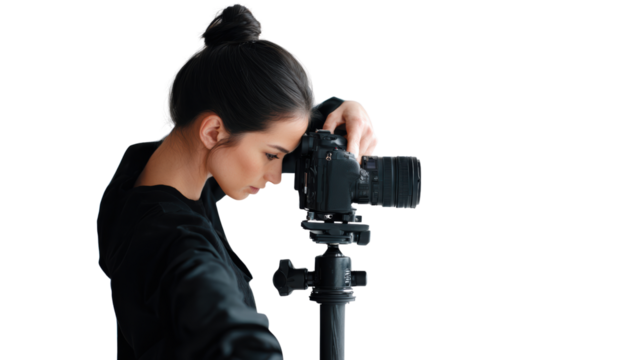 Focused woman photographer adjusting her camera on a tripod. - Powered by Adobe