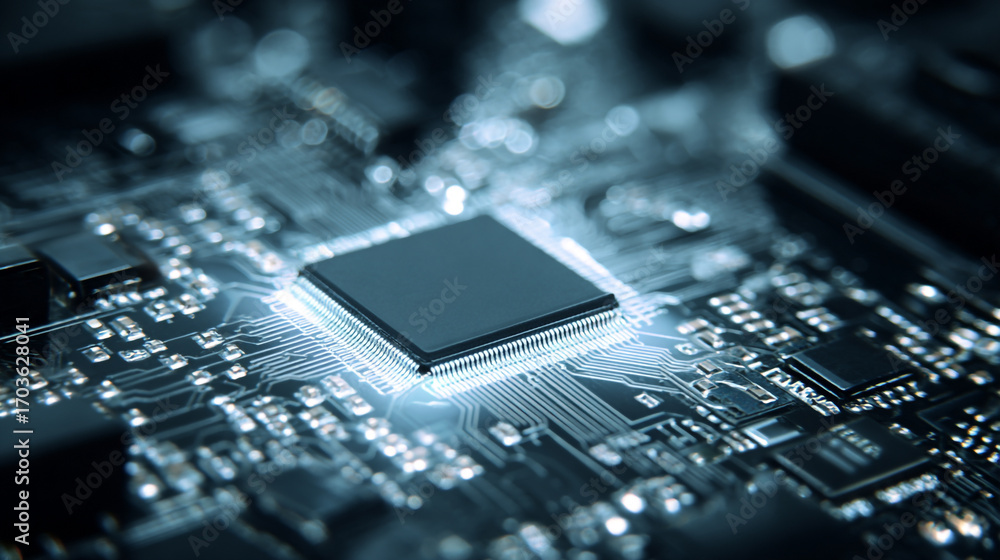 Poster close up of a microchip on a circuit board glowing softly technology detail