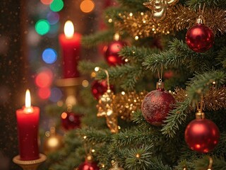 Festive Christmas tree adorned with red ornaments and candles, glowing lights in the background