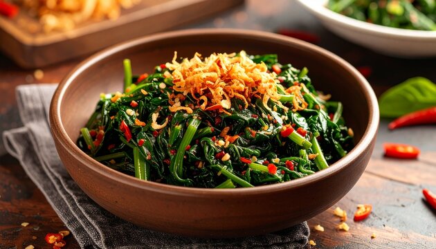 Plecing Kangkung Spicy Water Spinach Salad. Traditional Indonesian Food