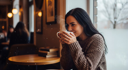 Cozy Winter Coffee: Woman Enjoys Hot Beverage in Cafe