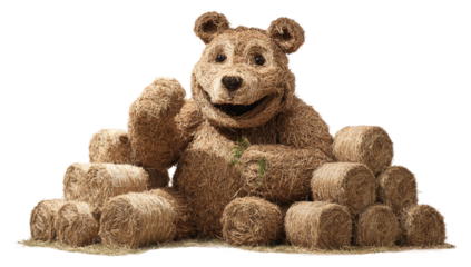 A charming hay bale bear sculpture sitting atop a stack of hay bales isolated on transparent background, creating a whimsical and rustic scene