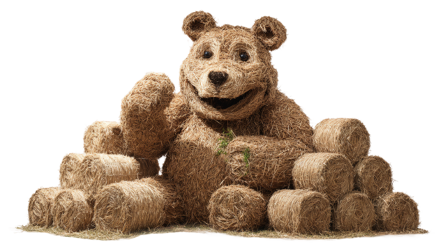 A charming hay bale bear sculpture sitting atop a stack of hay bales isolated on transparent background, creating a whimsical and rustic scene