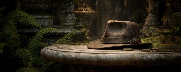 Dusty fedora on aged stone table in lush jungle setting