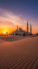 A majestic mosque stands against a vibrant sunset sky, with sand dunes in the foreground.