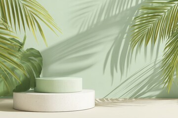 Minimalist podium with tropical foliage