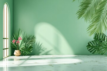 Empty mint green room with tropical plants