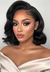 A Beautiful Woman with Stunning Makeup and a Glamorous Hairstyle, Exuding Confidence and Elegance, Posing for a Portrait with Soft Lighting