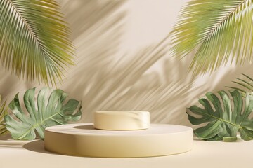 Beige podium with tropical leaves