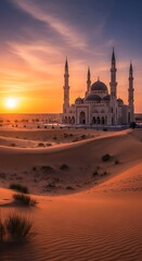 A beautiful mosque at sunset in a desert landscape, with golden light illuminating the structure and sand dunes.