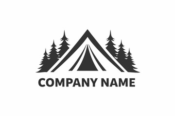 Minimalist icon showcasing a tent framed by evergreen trees with clean lines for an outdoor brand