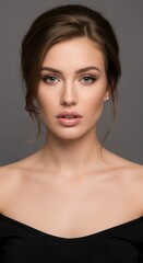 Fototapeta premium Stunning Portrait of a Beautiful Woman with Elegant Features, Showcasing Radiant Skin, and Captivating Eyes. A Close-up Shot Capturing Refined Beauty