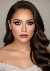 Naklejka premium A captivating studio portrait of a stunning brunette model with flawless makeup, showcasing a glamorous beauty look with voluminous wavy hair and piercing blue eyes