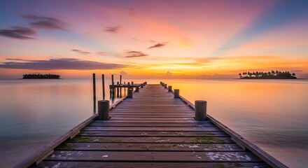 Obraz premium Serene Sunset Pier Over Calm Ocean Water.