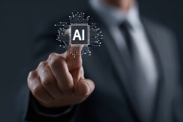 Businessman interacting with a holographic AI chip