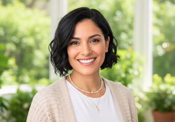 Radiant Smile: Portrait of a cheerful person, radiating warmth and positivity. set against a serene backdrop, is an embodiment of joy and contentment.