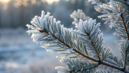 Frost Covered Pine Branch in Morning Sunlight tree