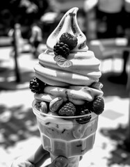 Delicious soft serve ice cream topped with berries