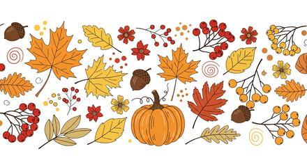Autumnal Border: A vibrant autumn border features an array of seasonal elements, including golden leaves, ripe pumpkins, berries, and acorns, evoking the warmth and richness of the fall season.