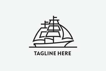 Monochromatic line drawing presents sailing ship on white with bold horizontal lines below ship